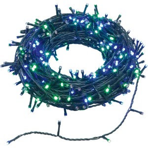 Guirlande lumineuse LED OBI 400 LED, multicolore, câble vert, enroulée pour éclairage extérieur.