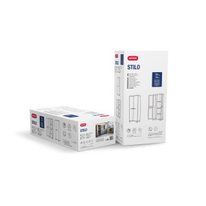 Imballaggio dell'armadio portascopa Keter Stilo, scaffale in plastica con predisposizione per lucchetto.