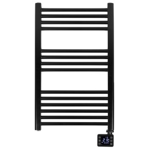 Radiateur de salle de bain noir Eurom Wifi, 600 W, avec écran digital et barres chauffantes horizontales.