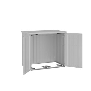 Box poubelle Biohort Alex Duo ouvert, en métal argenté. Capacité : 2 poubelles de 240 L.