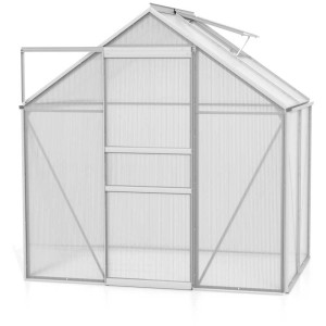Serre Vitavia Venus 2500, aluminium argenté, polycarbonate alvéolaire, porte ouverte et fenêtre de toit.