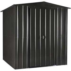 Abri de jardin en métal anthracite 6x5 avec porte coulissante et toit à deux pentes.