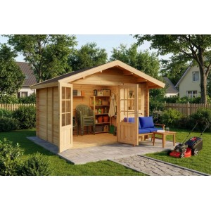 Abri de jardin Alpholz Palermo 331x331cm non traité avec double porte et mobilier de jardin.