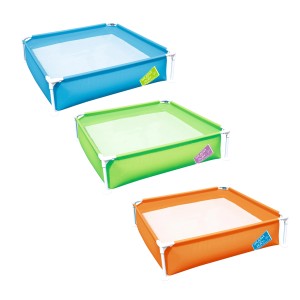 Piscina per bambini Bestway in blu, verde e arancione. Piscina quadrata con telaio in acciaio.