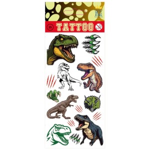 Hauttattoos mit Dino-Motiven, selbstklebend und temporär für Kindergeburtstage.