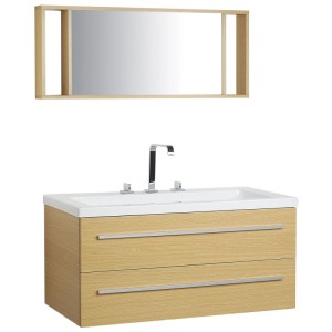 Set mobili bagno Beliani Almeria beige: mobile sospeso con 2 cassetti, lavabo acrilico bianco e specchio.