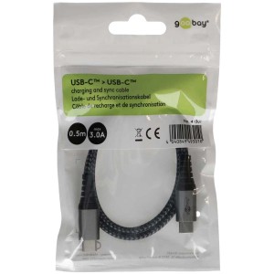 Câble USB-C vers USB-C, 0,5 m, câble textile noir et gris dans son emballage.