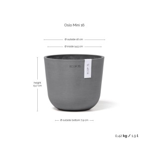 Pot de fleurs Ecopots Oslo Mini, gris, 16x14cm. Design scandinave pour intérieur et extérieur.