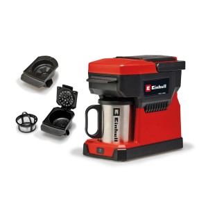 Einhell TE-CF 18 Solo macchina da caffè a batteria con accessori (filtro, cialda) e tazza in acciaio inox.