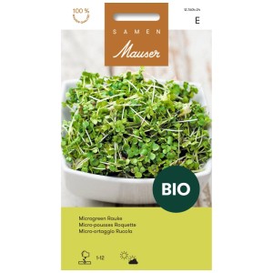 Samen Mauser Microgreen Roquette Bio : Sachet de jeunes pousses de roquette fraîches dans un bol.