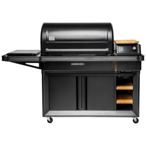 Grill a pellet Traeger Timberline XL nero in metallo/acciaio inox con ripiani e tagliere in legno.
