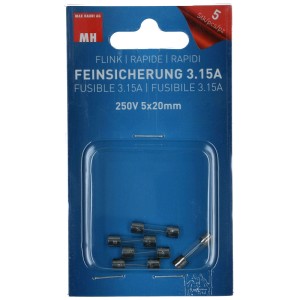 Fusibili rapidi, 250V/3.15A, 5 pezzi in blister.