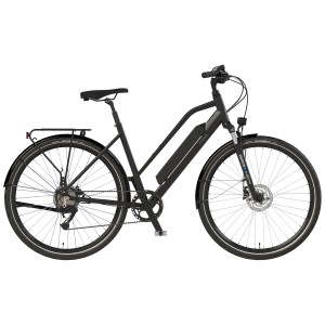 Vélo électrique de trekking pour femme Prophete Entdecker 1.7 noir, 28 pouces, avec porte-bagages et batterie intégrée.
