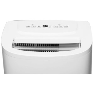 Climatiseur Emerio blanc avec écran digital et grille de ventilation.