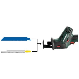 Metabo Akku-Säbelsäge SSE 18 LTX Compact mit Quick-Aufnahme für Säbelsäge- und Stichsägeblätter. Werkzeugloser Wechsel.