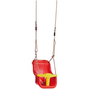 Balançoire de sécurité Pletscher pour jeunes enfants, rouge avec barre de sécurité jaune et cordes.