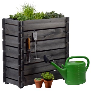 Aiuola rialzata in legno antracite con erbe aromatiche, annaffiatoio e attrezzi da giardinaggio. Ideale per giardino e balcone.