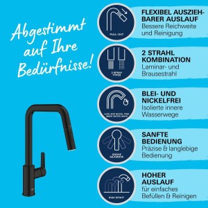 Miscelatore monocomando per lavello Grohe Start nero con doccetta ed erogatore alto. Rubinetto da cucina per lavello.