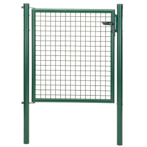Portillon simple en grillage ondulé vert, 1x0,75m, avec serrure et clé pour clôture de jardin.
