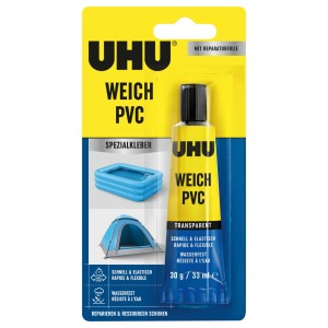 Uhu colla speciale per PVC morbido, tubo da 30g, trasparente, con pellicola di riparazione.