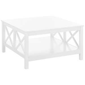 Table basse blanche Lotta avec étagère et croisillons en X. Table carrée en MDF, 80x80 cm.