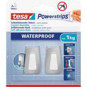 Tesa Powerstrips crochets adhésifs, inox/plastique, 2 pièces, pour salle de bain et cuisine, capacité de charge jusqu'à 1 kg.