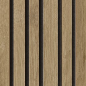 Akustikpaneel DenPanels Melamin Random, dunkle Eiche mit schwarzen Filzlamellen für Schallabsorption.