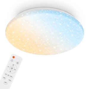 Plafonnier LED rond blanc avec effet ciel étoilé, dimmable. Télécommande pour le réglage de la couleur de la lumière.