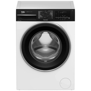 Lave-linge frontal Beko WM350 blanc, 9 kg, 1400 tr/min, avec panneau de commande noir et porte argentée.