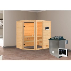 Sauna Karibu Jada con stufa e controllo esterno, in legno chiaro con porta in vetro.