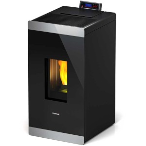 Poêle à granulés Freepoint Glass noir avec flamme et commandes.
