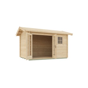 Abri de jardin en bois Weka non traité avec toit à deux pentes, 410x300 cm, avec portes doubles et fenêtre ouvertes.