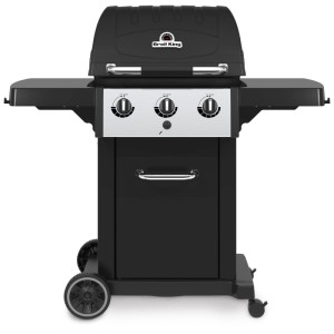 Barbecue a gas Broil King Royal 320 con 3 bruciatori, ripiani laterali e base nera.