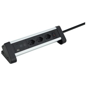 Multiprise de table Schönenberger en aluminium avec 3 prises T13, port USB-C et USB-A.