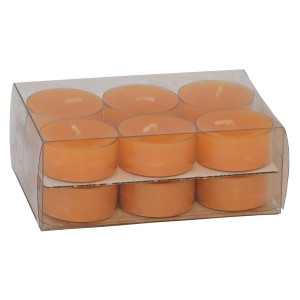 Lot de 9 bougies chauffe-plat orange en coupelles plastique. Bougies pour ambiance lumineuse.