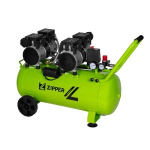 Compresseur Zipper Silent ZI-COM50SI vert-noir avec réservoir 50L, manomètres, roues et poignée. Mobile pour atelier.