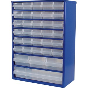 Magazzino in acciaio blu LUX-TOOLS con 34 cassetti trasparenti per lo stoccaggio.
