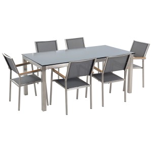 Set mobili da giardino Beliani Grosseto con 6 sedie, piano in vetro nero/grigio. Set da giardino moderno per 6 persone.