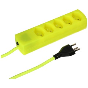 Fluo-gelbe maxTEX Steckdosenleiste mit 5 T13 Steckdosen und 2 m Textilkabel.