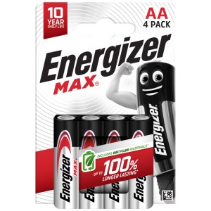 Confezione da 4 batterie Energizer Max AA, alcaline-manganese, 1,5 V, ideali per dispositivi di uso quotidiano.