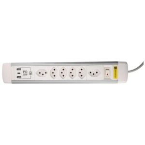 Multiprise Schönenberger avec 6 prises T13, ports USB et câble de 2 m.