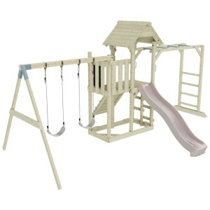 Torre gioco OutdoorToys Helsingborg K.Rosa con scivolo, altalene, parete da arrampicata e tetto in legno.