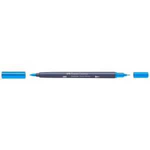 Feutre de croquis Faber-Castell Goldfaber bleu azur avec deux pointes et capuchons retirés.