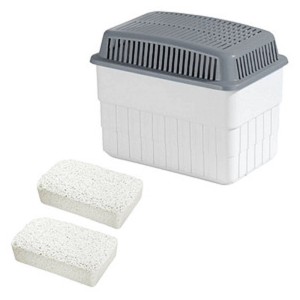 Déshumidificateur anti-humidité avec boîtier bleu et blanc et deux blocs de granulés.