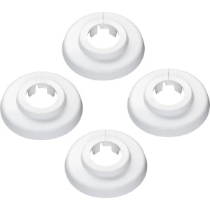 Quatre rosaces à charnière (3/8) blanches en plastique pour tuyaux de chauffage.