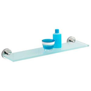 Étagère en verre Wenko Bosio Shine avec support en acier inoxydable et accessoires de salle de bain.