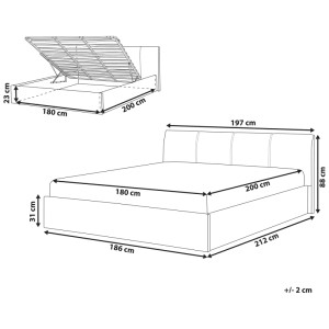 Skizze: Beliani Bett mit Stauraum Orbey, beige, 180x200 cm, mit Maßangaben.