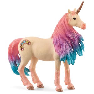 Schleich Marshmallow Unicorno Cavalla con criniera colorata e tatuaggio arcobaleno, modello dettagliato.