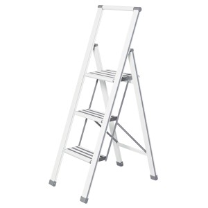 Scala pieghevole in alluminio bianco con 3 gradini e barra di sicurezza, ideale per la casa.