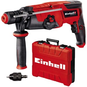 Marteau perforateur Einhell TE-RH 28/1 5F avec coffret et accessoires. Le marteau perforateur est rouge et noir.
